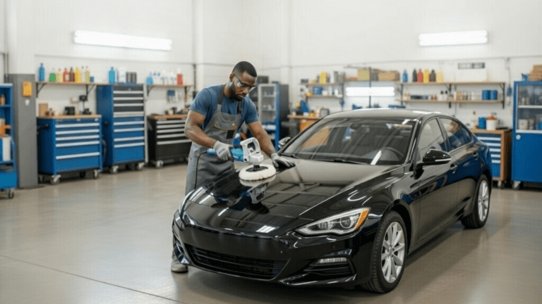 a man polishing a black car with total polisher