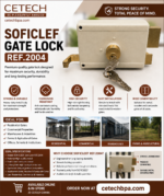Soficlef Gate Lock Ref. 2004 product infographic highlighting features, specifications, applications, and security benefits for residential and commercial gates.
