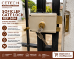 Soficlef Gate Lock Ref. 2004 installed on a metal gate with keys inserted, providing secure access control and protection.